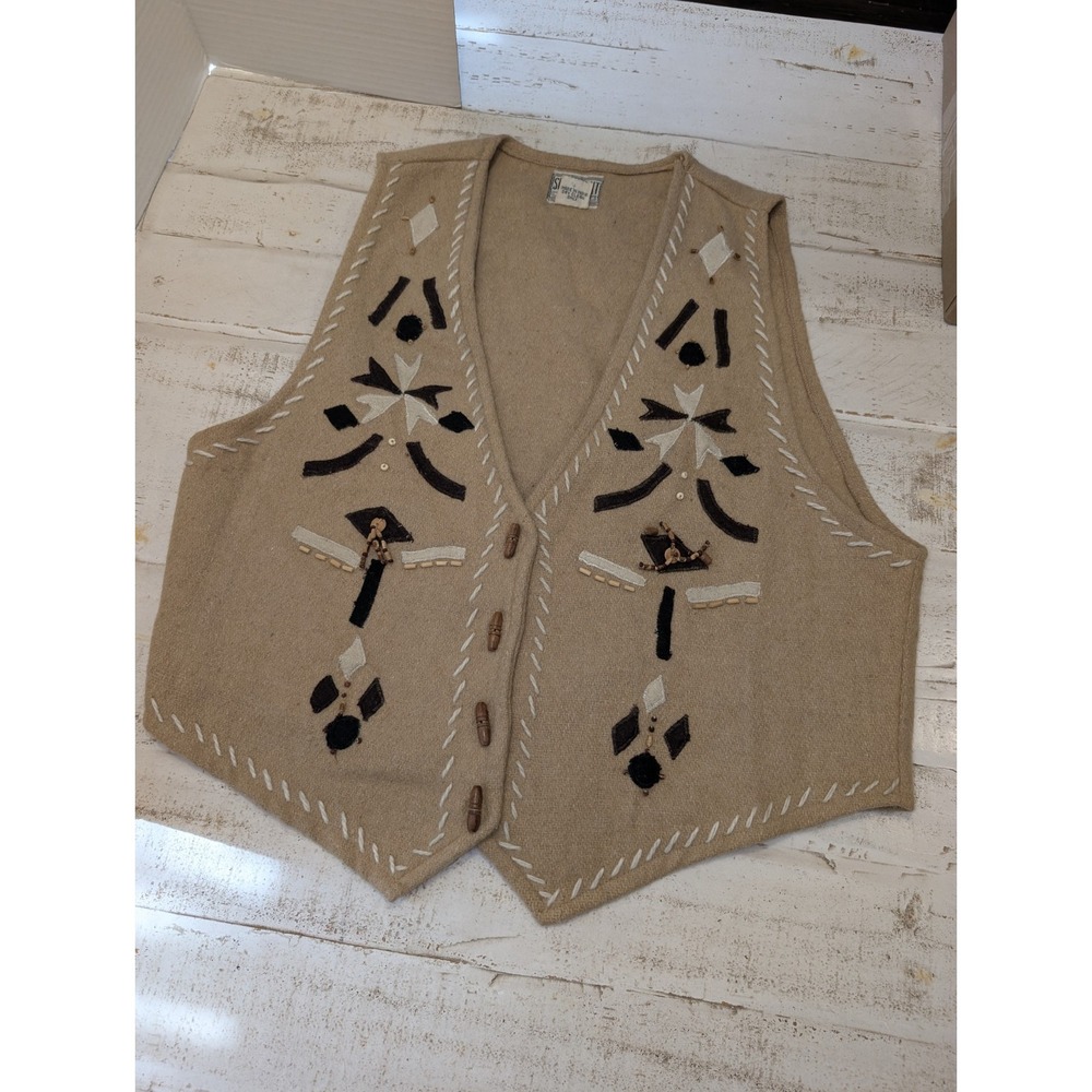 Speed Limit MPH Vintage Wool Blend Vest Beige Wood Toggles Beads Boho Large